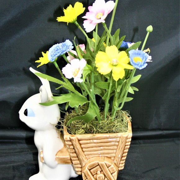 Vintage Bunny Rabbit and Cart Vase with Florals - Picture 4 of 8